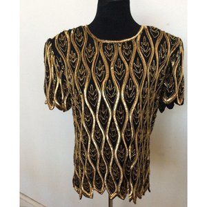 Vintage Papell Boutique Woman's 100% Silk Gold Sequin Beads Evening Top Sz XL
